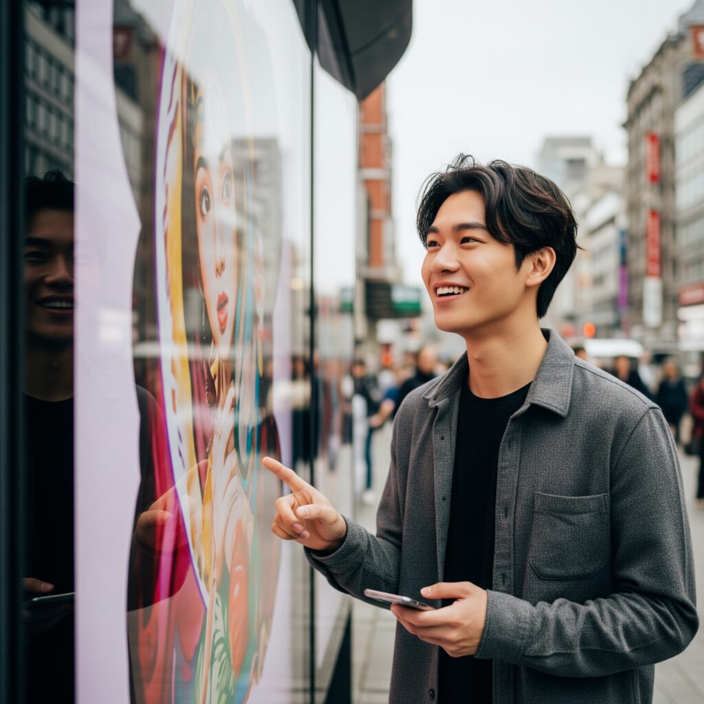 Jovem interagindo com painel de mídia out of home e com celular na mão.