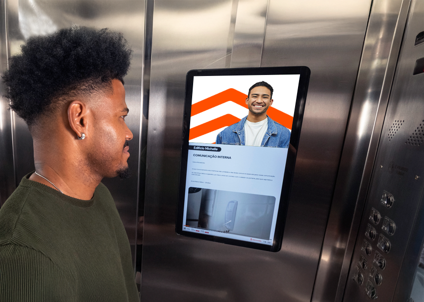 Tela da Eletromidia em elevador residencial.