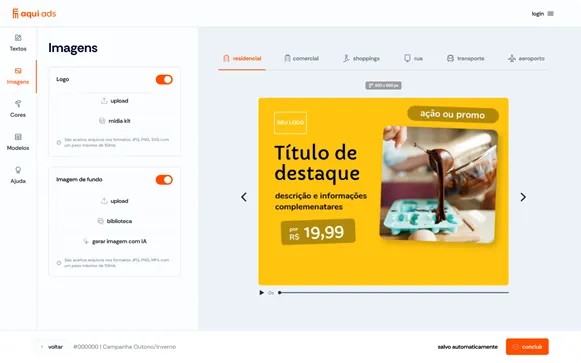 Interface do criador de anúncios profissional da plataforma